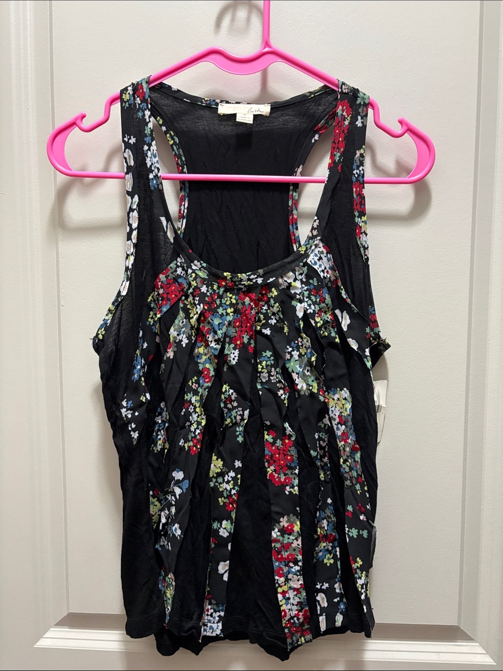 Lush Black Racerback Tank with Multicolor Floral Stripes